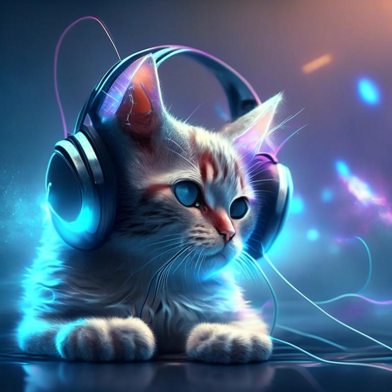 cute cat listening to music with headphones futuristic style
